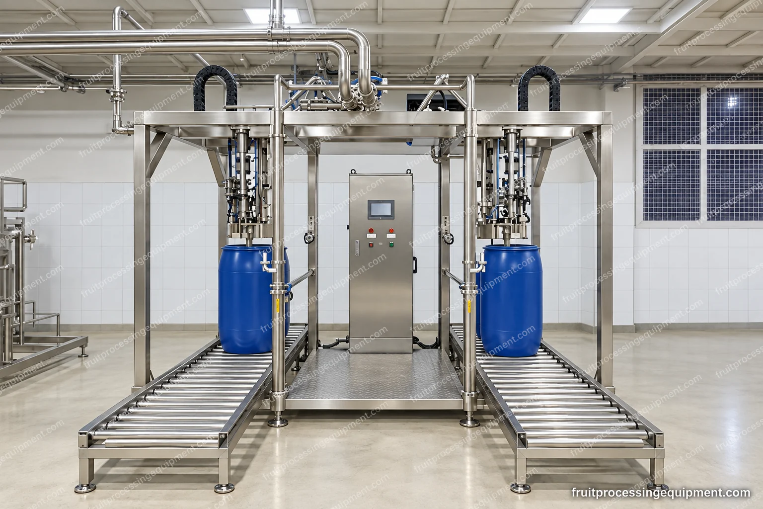 Bag filling stations with drum-support roller conveyors and central controls