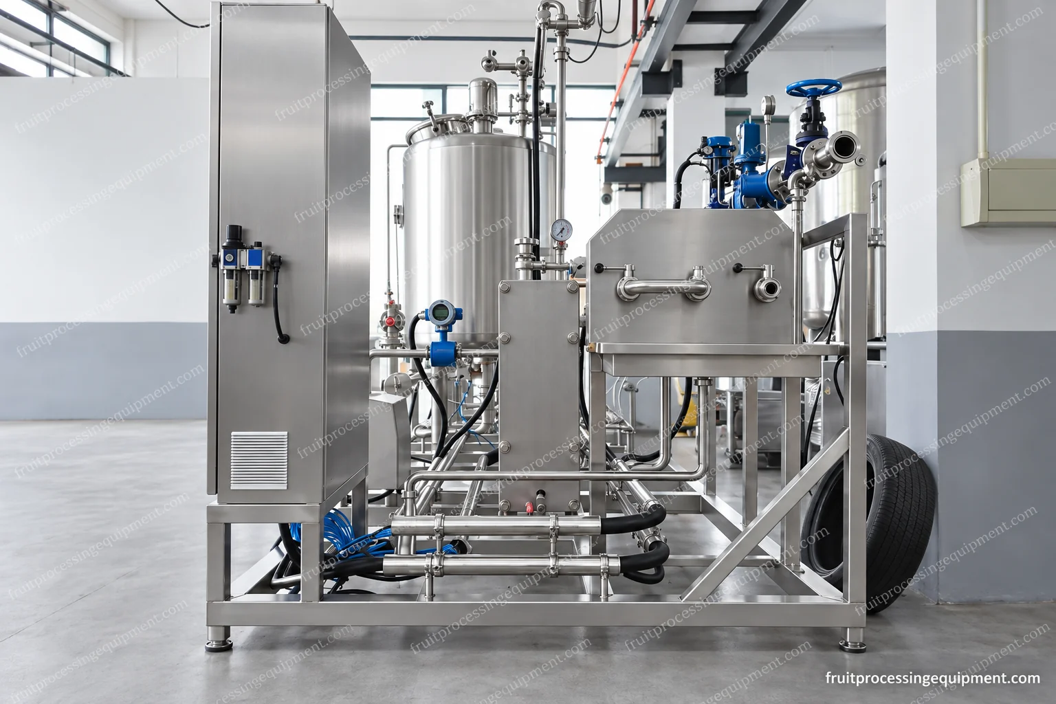 Cleaning skid with vessel, heat exchanger, pump and service piping