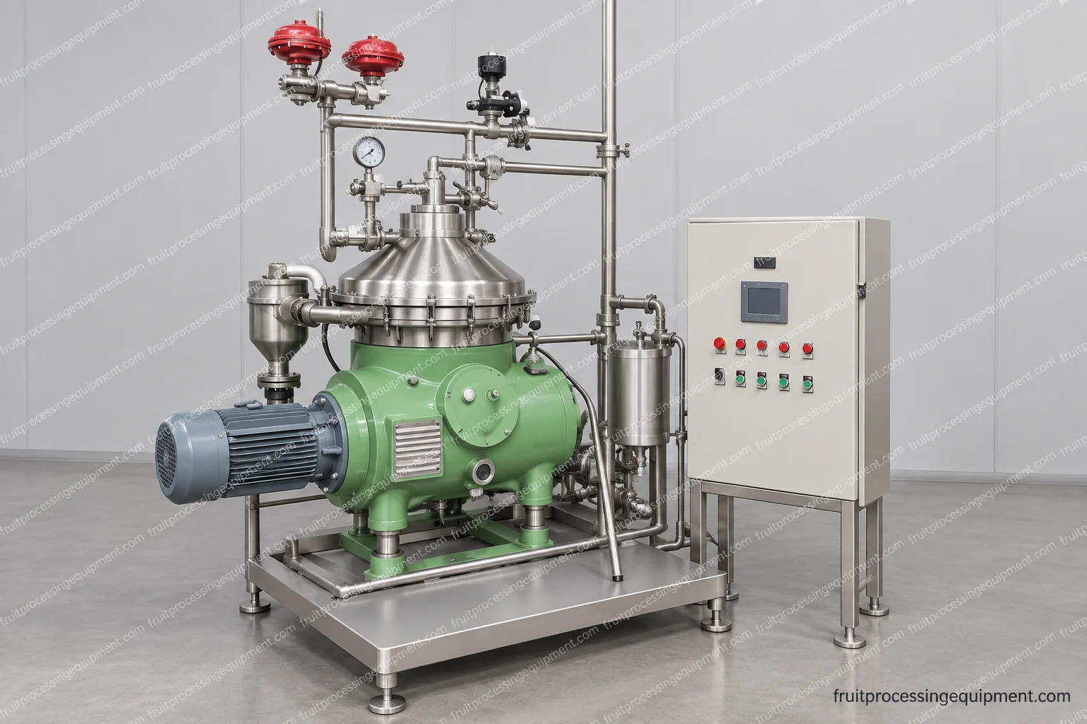 Centrifugal separator with external drive, pipework and control enclosure