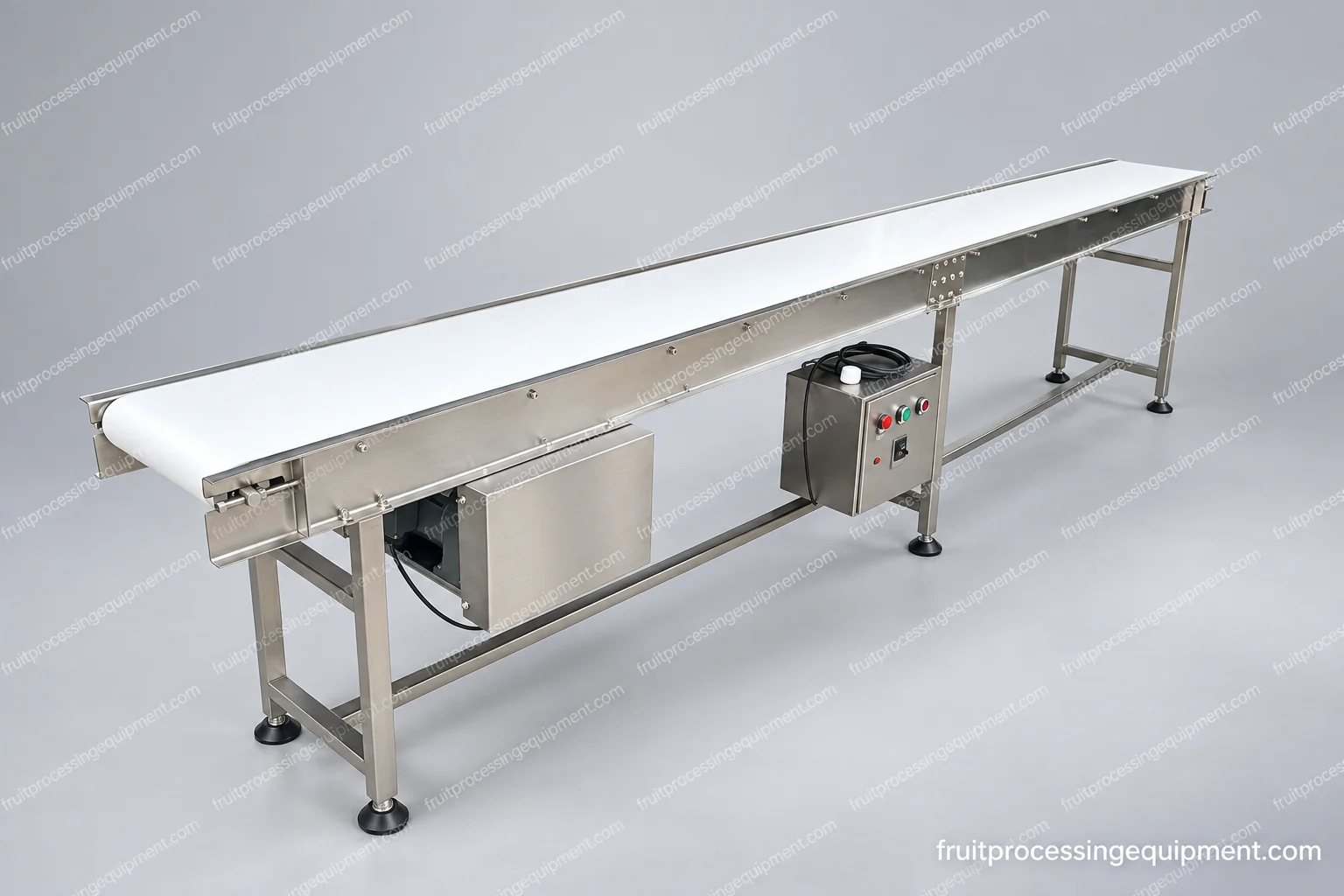 Horizontal fruit transfer belt with side guides and local drive controls