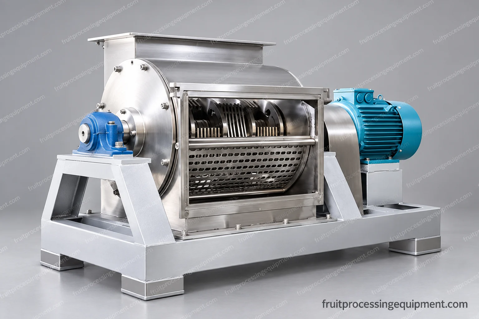 Fruit crusher with the chamber open to show the rotor and perforated working section
