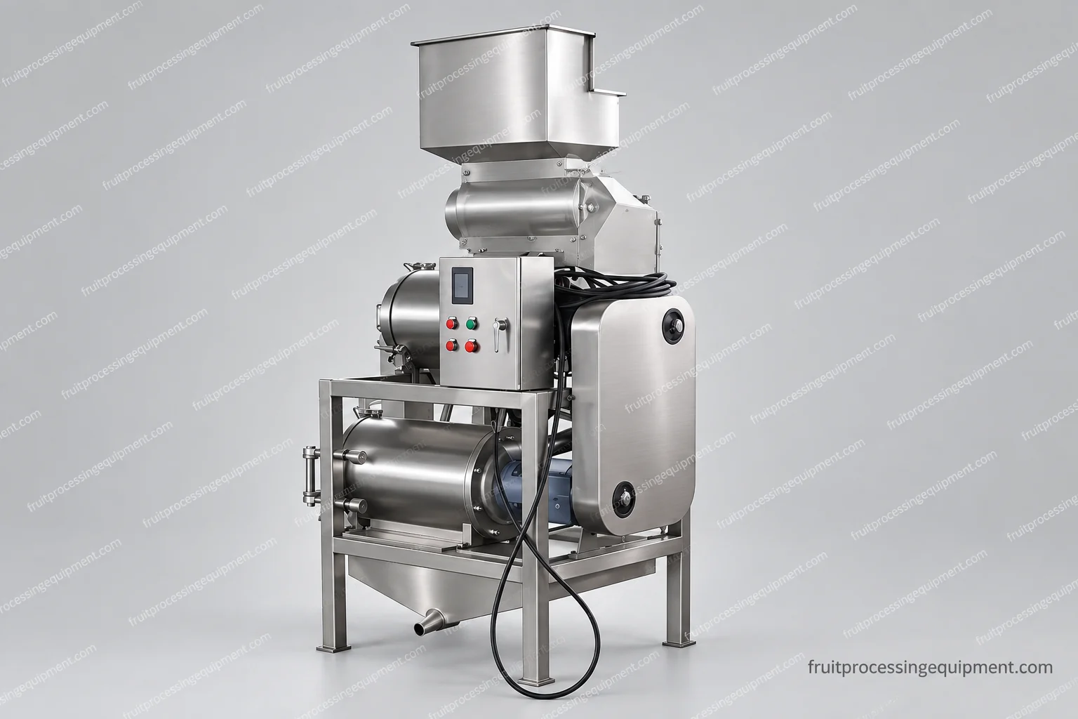 Hopper-fed fruit recovery machine with separate housings and product outlet