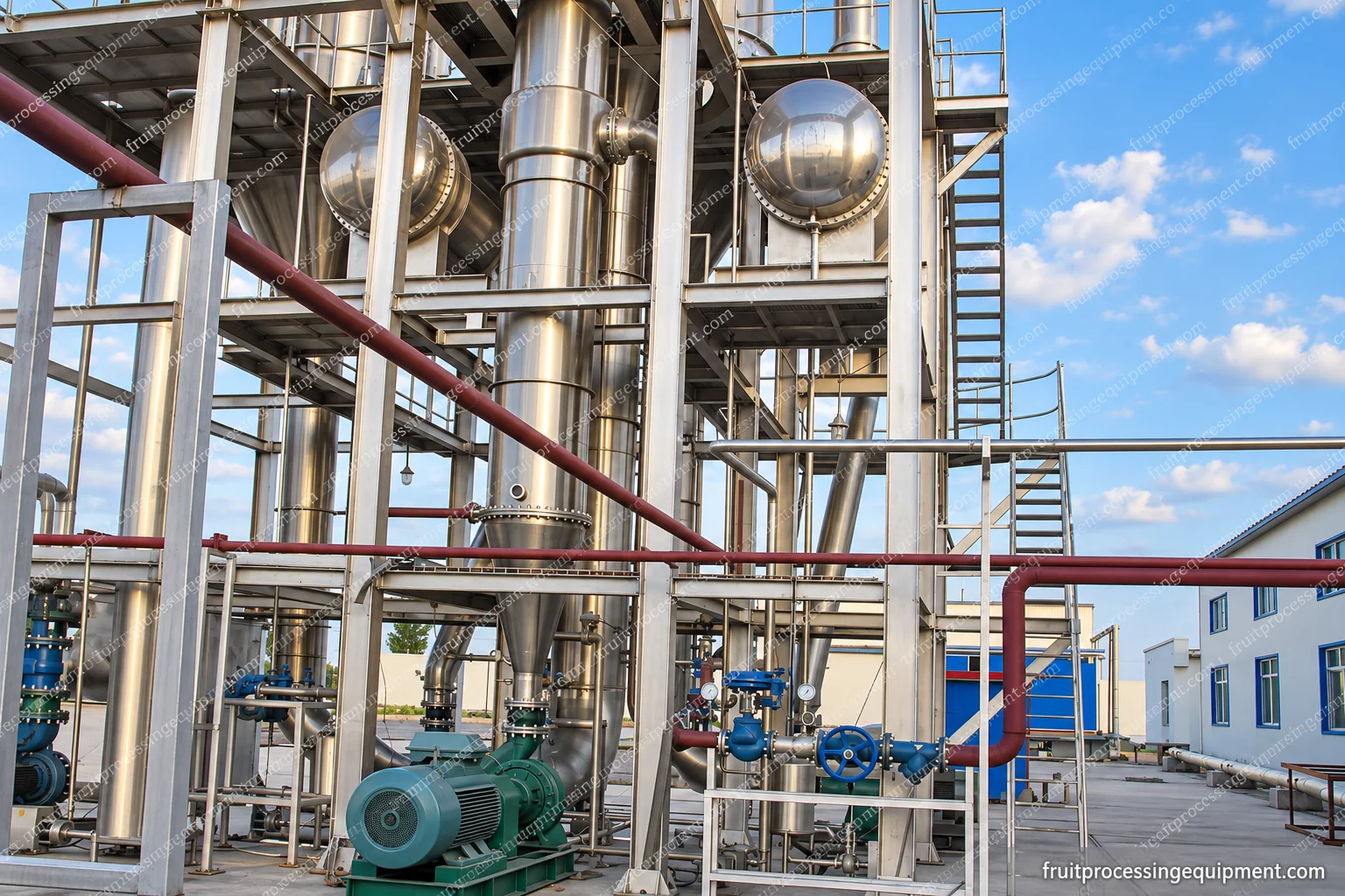 Vertical evaporation vessels, pumps and service access structure