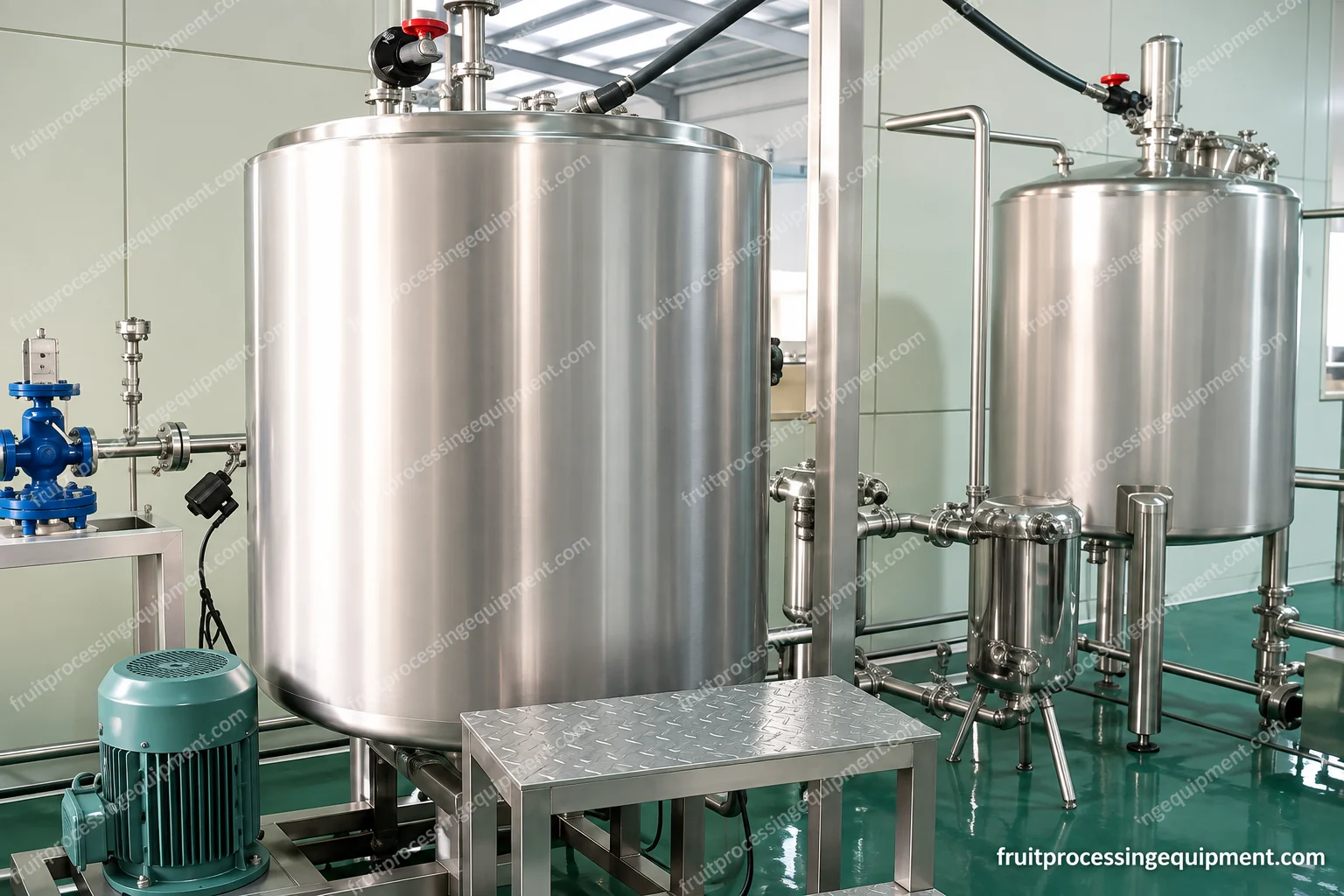 Product tanks with top fittings, pipe connections and an access platform