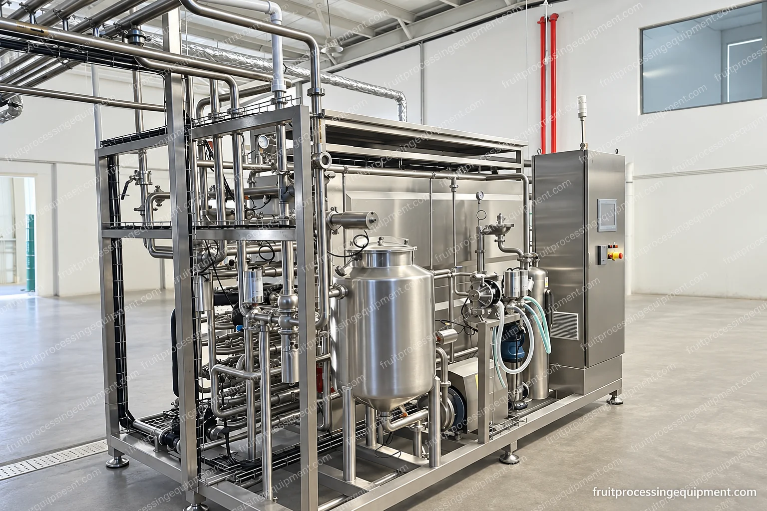 Tubular product treatment skid with vessels, valves, pipework and controls