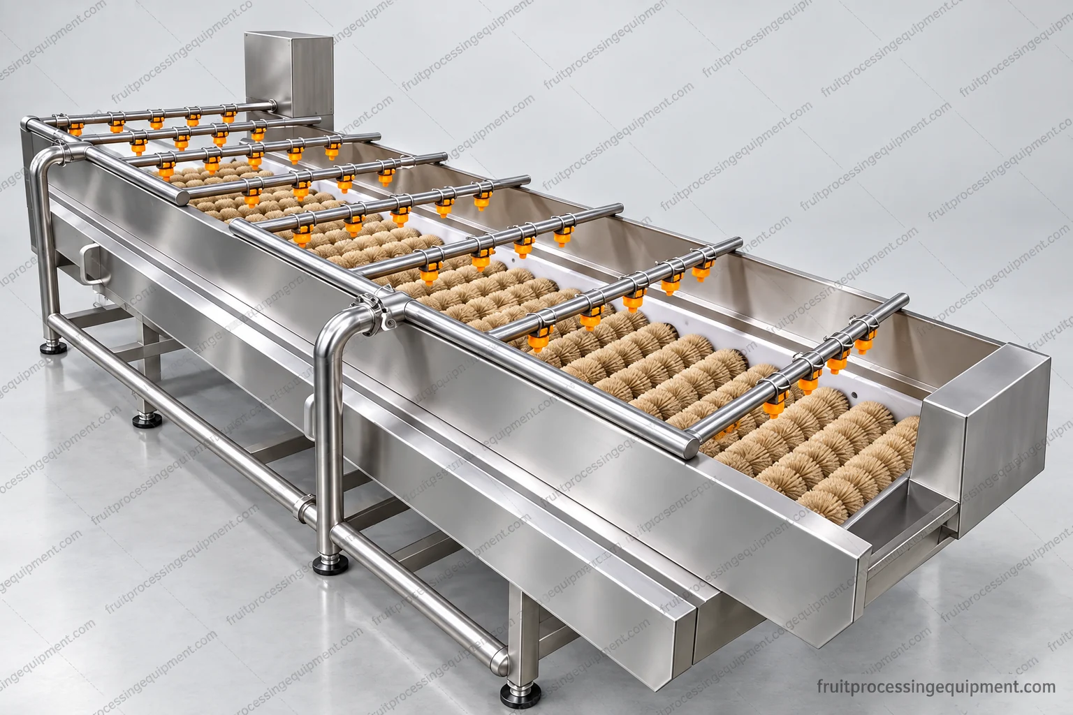 Brush roller bed beneath overhead spray bars
